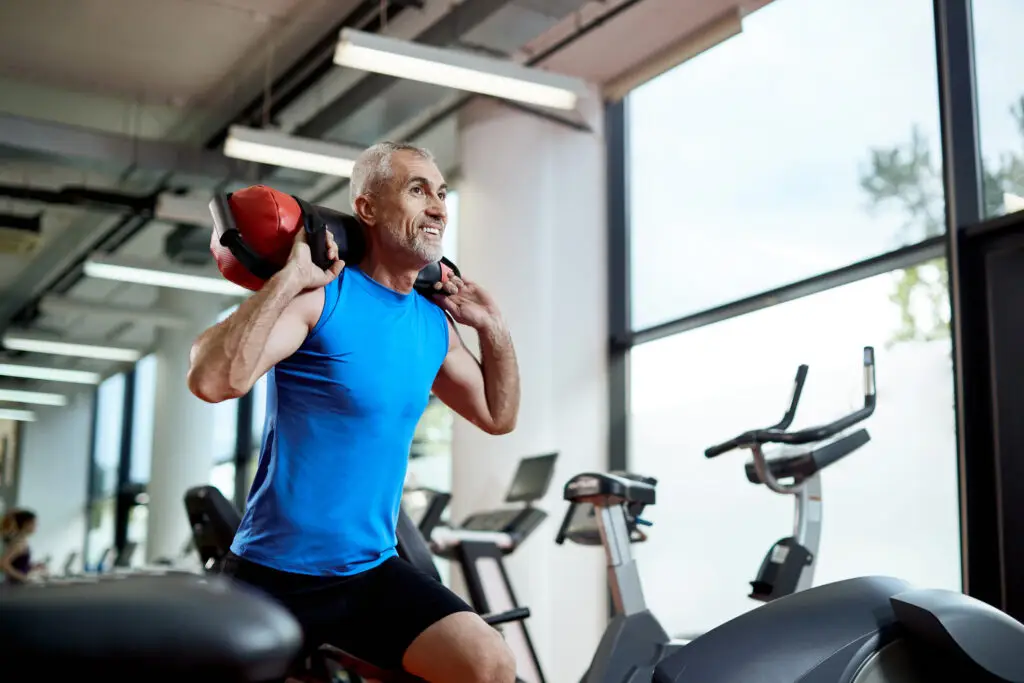 Happy mature athlete doing sandbag shouldering exercise during sports training in a gym.